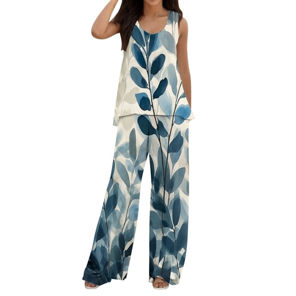 Rovga Women Sets Outfits Boho 2PCS Outfits Casual Printed Vest Sleeveless Top Loose Wide Leg Pants Set Suit Top Pants Clothes Sets Streetwear
