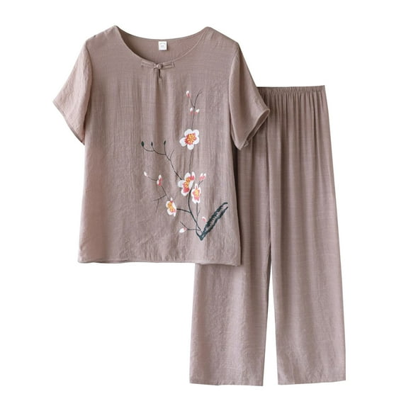 Rovga Women Sets Outfits Short Sleeve Summer Cardigan Top Female Loose Middle Aged Elderly Suit Shirt Cotton Linen Two Pieces Female Clothing Sets Outwear