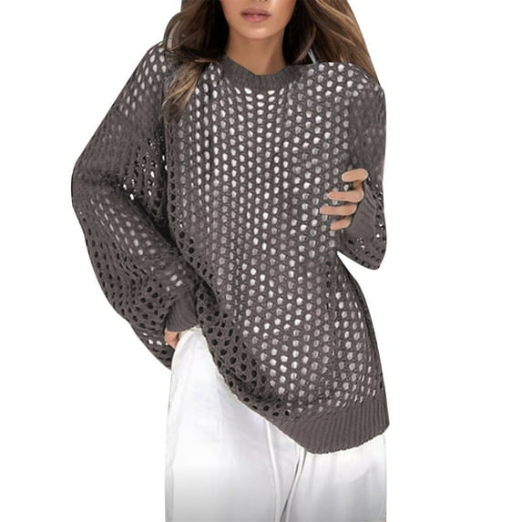 Rovga Women Sweater Solid Color Crochet Cardigan Off Shoulder Hollow Out O-Neck Knit Sweater Trendy Streetwear