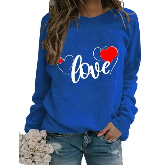 Rovga Women Sweatshirts Daily Printed Heart Sweatshirt O-Neck Fit Casual Long Sleeve Workout Pullovers Pullover Tops Loose Top Valentine's Day Female Outwear