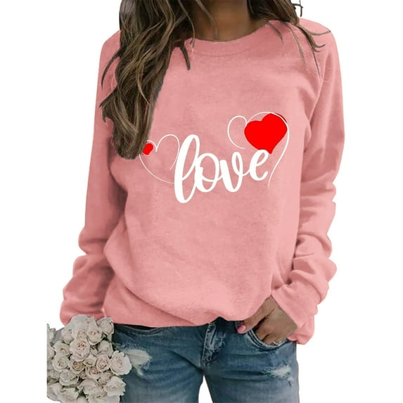 Rovga Women Sweatshirts Daily Printed Heart Sweatshirt O-Neck Fit Casual Long Sleeve Workout Pullovers Pullover Tops Loose Top Valentine's Day Leisure Dailywear