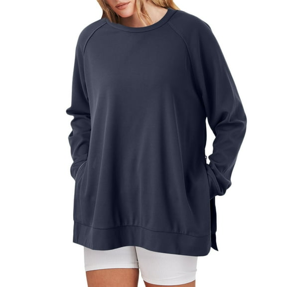 Rovga Women Sweatshirts O-Neck Sweatshirt Loose Fit Oversized Pullover With Zippered Side Slits Long Sleeve Tops For Fall Fashion Leisure Dailywear