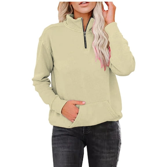 Rovga Women Sweatshirts Quarter Zip Lightweight Pullover Sweatshirts Solid Color Long Sleeve Casual Tops Stylish Clothing
