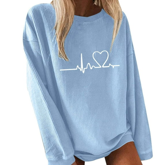 Rovga Women Sweatshirts White Heart Printed O-Neck Long Sleeve Top Sweatshirt Leisure Streetwear