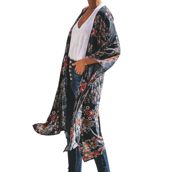 Rovga Women Swimwears Leisure Summer Long Flowy Kimono Cardigans Boho Chiffon Floral Beach Cover Up Tops Casual Beachwears