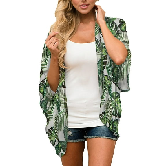 Rovga Womens Cover Ups For Swimwear Fashion Floral Print Chiffon Swim Cardigan 3/4 Sleeve Loose Beach Wear Cover Up Blouse Top L Green