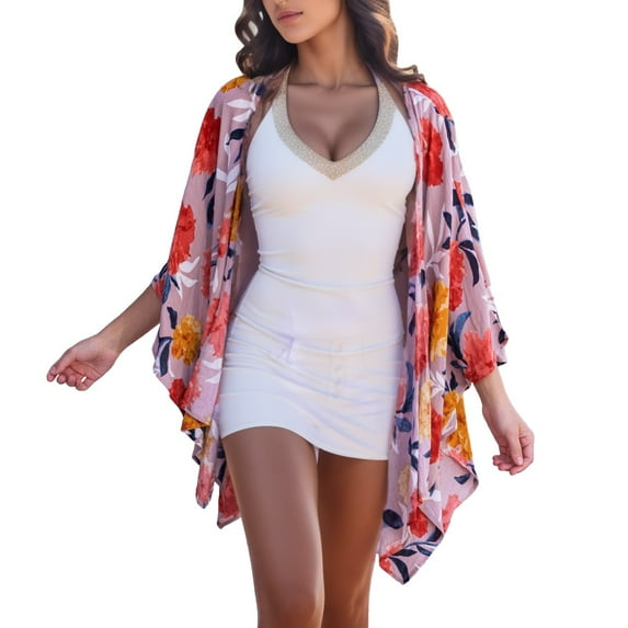 Rovga Womens Cover Ups For Swimwear Long Sleeve Long Flowy Kimono Cardigans Boho Chiffon Floral Beach Cover Up Tops 2Xl Pink