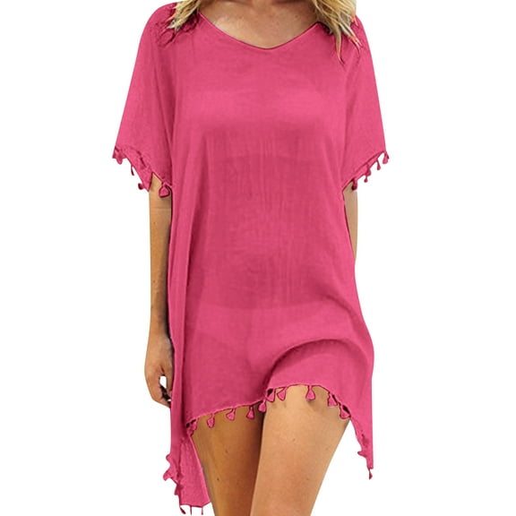 Rovga Womens Cover Ups For Swimwear Solid Color Short Sleeve Trim Kaftan Chiffon Tassels Swimwear Beach Loose Bikini Cover Up Tops For Women One Size Hot Pink