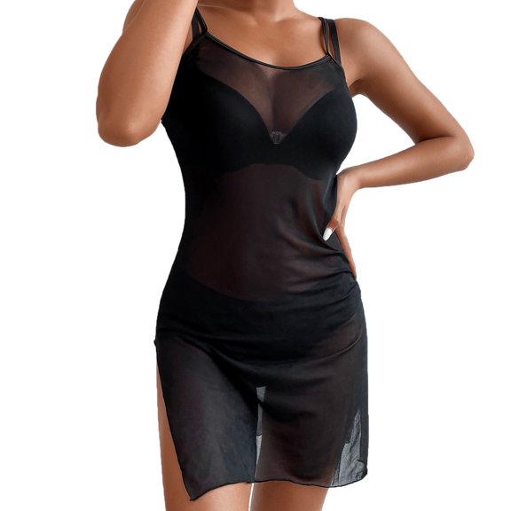 Rovga Womens Cover Ups For Swimwear Solid Color Sleeveless Ladies Bikini Drawstring Waist Knot Mesh Cover Up Without Lingerie Split Fork Dress Bikini Shiny Wraps Cover Up S Black