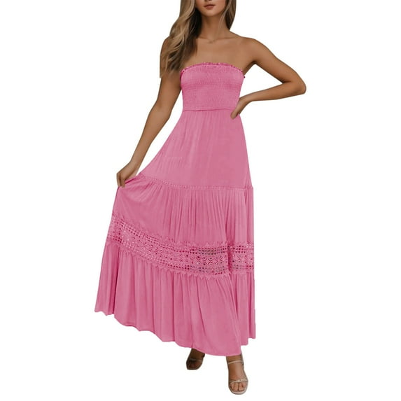 Rovga Womens Fashion Bohemian Strapless Off Shoulder Lace Trim Backless Flowy A-Line Beach Long Maxi Dress Elegant Dailywear