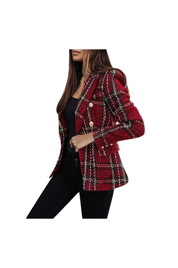 Womens Jackets 2024 Trend Long Sleeves Plaid Check Suit Satin Jacketmal Cardigan Pocket Work Office Suit Coat Cute Daily Wear S