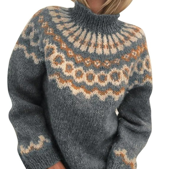 Rovga Womens Pullover Sweaters Female Loose High Collar Printing Outwear Splicing Long Sleeve Sweater Knitted Tops