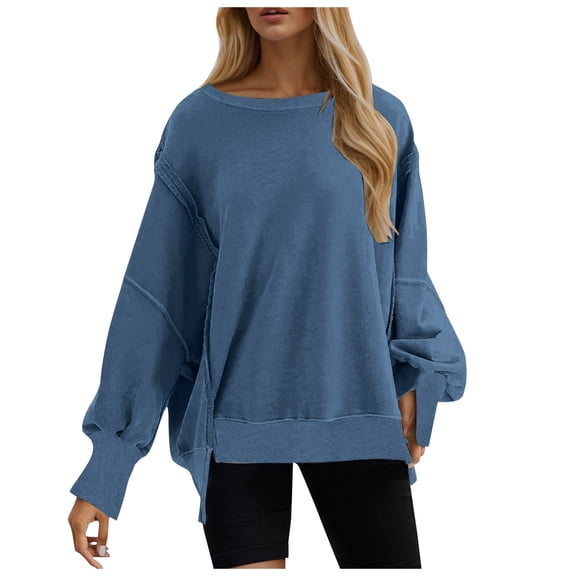 Rovga Womens Sweatshirt Fall Winter Long Sleeve Sweatshirt Daily Home Outdoor Solid Color O Neck T Shirt Top Relax Fit Outfits Blue Xl