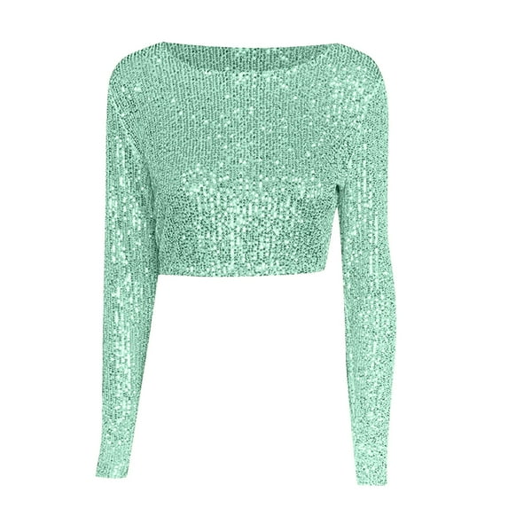 Rovga Womens T Shirts Sequin Long Sleeve Tee Crewneck Pullover Outfits Workwear Sexy Daily Wears Mint Green L