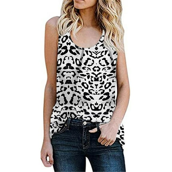 Rovga Workout Tank Tops Woman Leopard Print Camisole Round Neck Sleeveless Vest Cute Spring Summer Casual Daily Wear White 5Xl