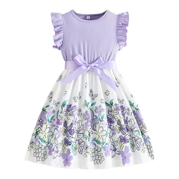 Rovga dresses for girls Solid color butterflies Graphic Round Neck Sundress Sleeveless Bowknot Ruffles Princess Dance Party Dresses 6-7 Years Adorable Playsuit