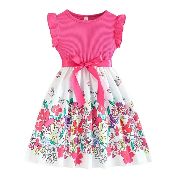 Rovga flower girl dress Solid color butterflies Graphic Sleeveless Round Neck Sundress Bowknot Ruffles Princess Dance Party Dresses 6-7 Years Elegance Daily Wear Hot Pink