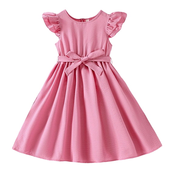 Rovga flower girl dresses Solid Color Round Neck Sleeveless Jean Skirt Ruffles Princess Sundress 6-7 Years Retro Playsuit Pink