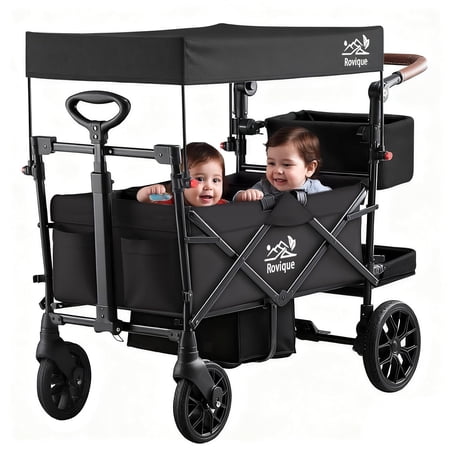 Rovique 2-Seater Foldable Wagon Stroller with Canopy, Storage & Harness