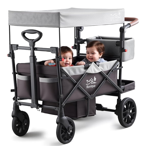 Rovique 2-Seater Foldable Wagon Stroller with Canopy, Storage & Harness