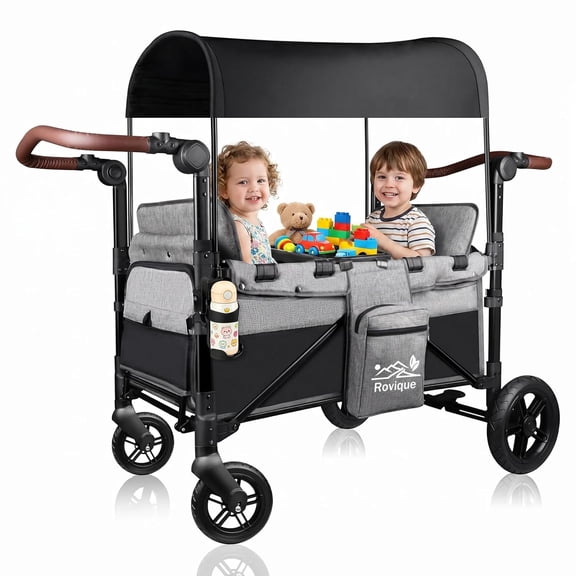 Rovique 2-Seater Wagon Stroller with Extendable Platform,Canopy Snack Tray