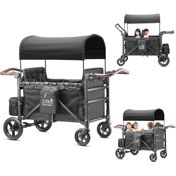 Rovique 4 Seater Wagon Stroller All-Terrain Quad Stroller Wagon with Canopy Snack Tray
