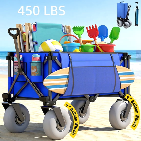 Rovique Beach Wagon Cart, All-Terrain with 9" Balloon Wheels, Adjustable Handle, Blue