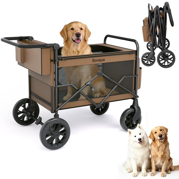 Rovique Dog Wagon with Ramp for Medium Large Dogs, All-Terrain Pet Stroller, Rubber Wheels, Foot Brake, Storage Pockets,Cup Holder