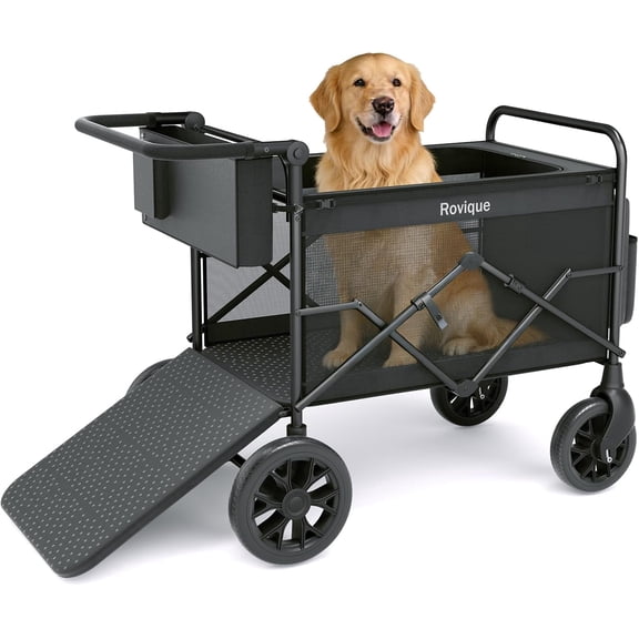Rovique Foldable Dog Wagon for Large Dogs, All-Terrain Pet Stroller with Ramp, Rubber Wheels, Removable Canopy