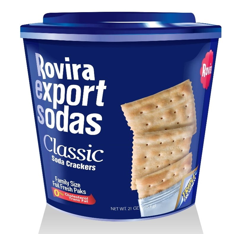 Rovira Export Sodas Classic Soda Crackers Family Size Foil Fresh Packs, 21oz, Plastic Bucket