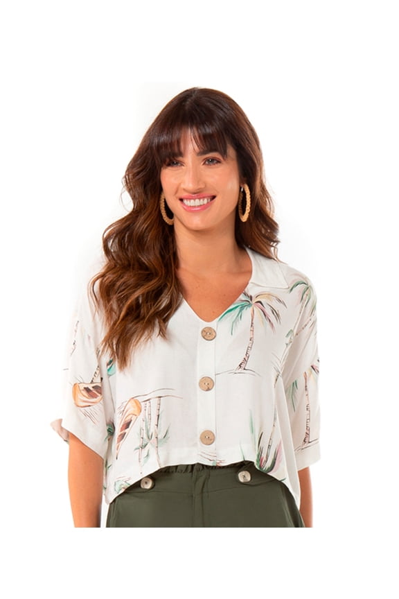 Endless Collection Women's Button Down Cropped Blouse (Off White, X-Large)