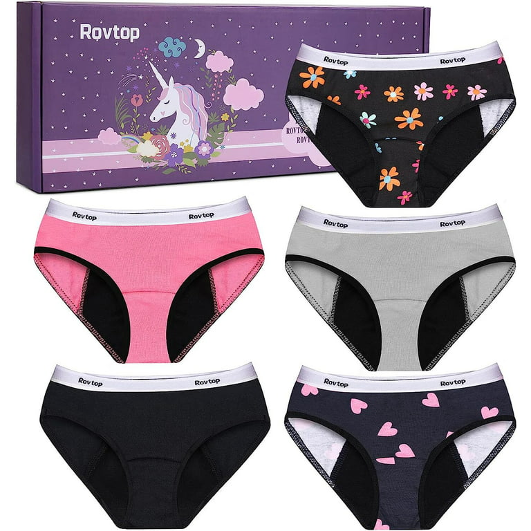 Rovtop Girls Period Underwear for Teens, Cotton Leak Proof Panties Reusable  Menstrual Protective Briefs for Girls 8-16 Years, 5 Pack 