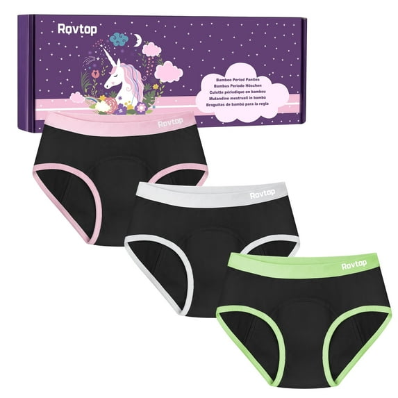 Rovtop Teen Girls Period Underwear, Cotton Leak-proof Period Briefs For Big Girls 8-16 Years, 3 Pack, Pink/Green/Gray, L