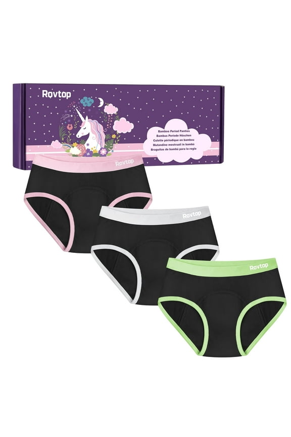 Teen Girls Period Underwear, Cotton Leak-proof Period Briefs For Big Girls 8-16 Years, 3 Pack, Pink/Green/Gray, L