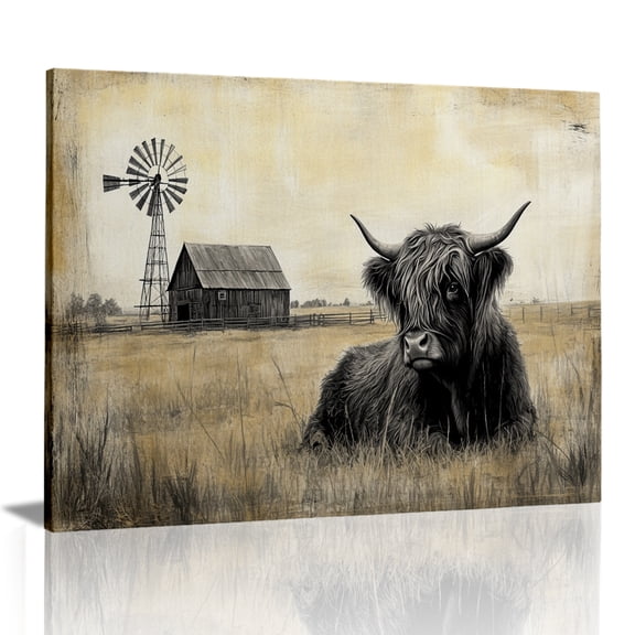 Rovven Rustic Farmhouse Highland Cow Windmill Canvas Wall Art for Living Room Wall Decor Framed Ready to Hang 12x8 inch