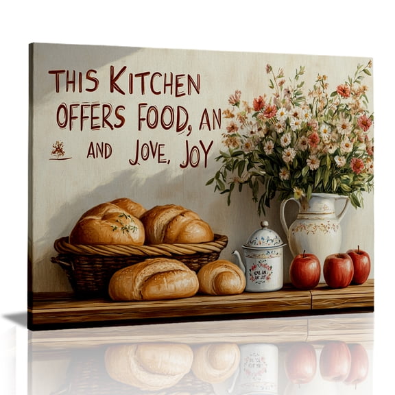 Rovven Rustic Farmhouse Kitchen Bread Wildflower Canvas Artwork High Definition Giclée Print Framed Wall Accent - Dining Room 24x16 inch