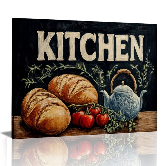 Rovven Rustic Farmhouse Kitchen Sign Bread Teapot Canvas Wall Art for Kitchen Wall Decor Framed Ready to Hang 24x16 inch