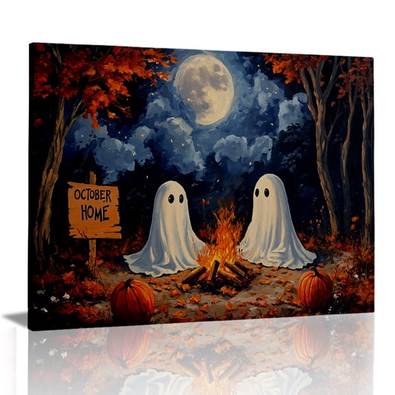 Rovven Whimsical Autumn Moon Ghost Pumpkin Canvas Artwork Gallery Wrapped Canvas Print Wall Accent - Living Room 24x16 inch