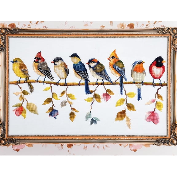 A Row of Colorful Birds Perched on Branches DIY 11CT Stamped Cross Stitch Kits for Beginners Easy Needlepoint Embroidery Counted Cross Stitch Art Craft for Wall Decoration 12x16inch(8)