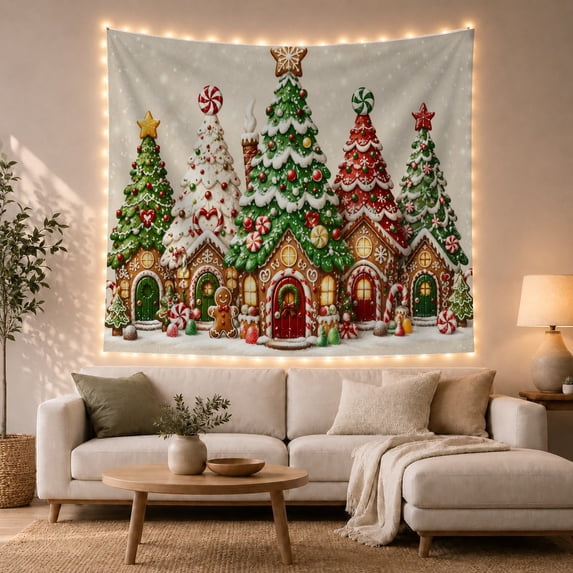 Row Five Festive With Gingerbread Houses Arranged Light, Mystical Fantasy for Space Lovers, Galaxy Room Decor, Christmas Gift, Tapestry Wall Hanging for Bedroom and Dorm