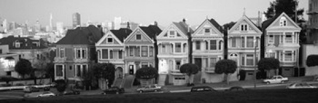 Row houses in a city Postcard Row The Seven Sisters Painted Ladies Alamo Square San Francisco California USA Canvas Art - Panoramic Images (36 x 12)
