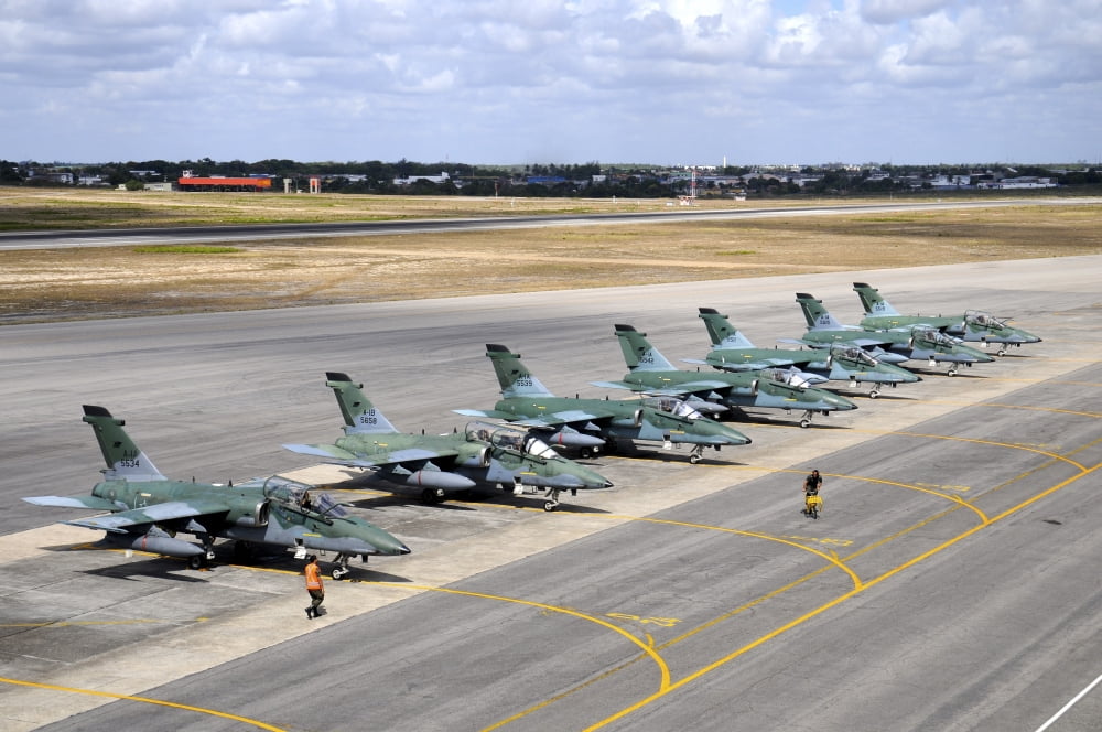 Row of Brazilian Air Force A-1B (AMX) aircraft at Natal Air Force Base Brazil Canvas Art - Riccardo NiccoliStocktrek Images (17 x 12)