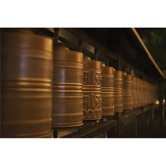 Row of Spinning Prayer Wheels at Night One is Stopped - Kyoto Japan Poster Print - 19 x 12 in.