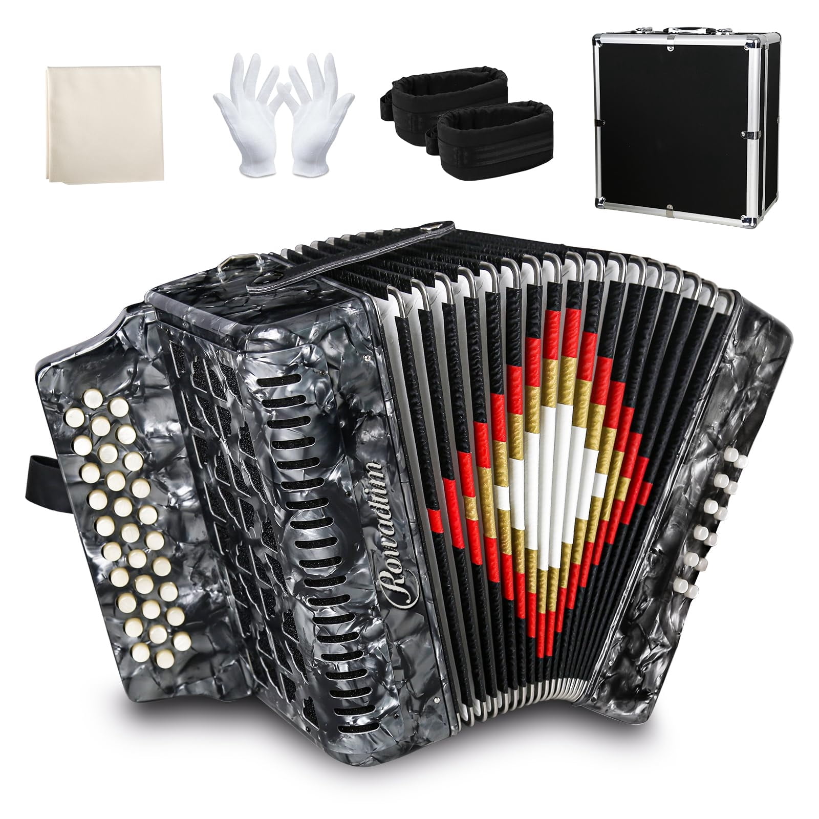 Rowadtim 31-Key Accordions, 12-Bass Diatonic Accordion, Ideal for Beginners; Tuned to F/B/E, Perfect for Musicians and Teachers; with  Carrying Case, Shoulder Strap, Gloves(Gray)
