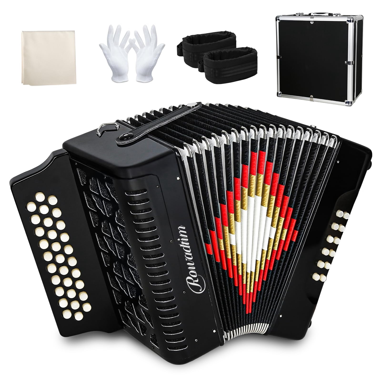 Rowadtim 31-Key Accordions, 12-Bass Diatonic Accordion, Ideal for Beginners; Tuned to F/B/E, Perfect for Musicians and Teachers; Comes with a Carrying Case, Shoulder Strap, Gloves（Black）