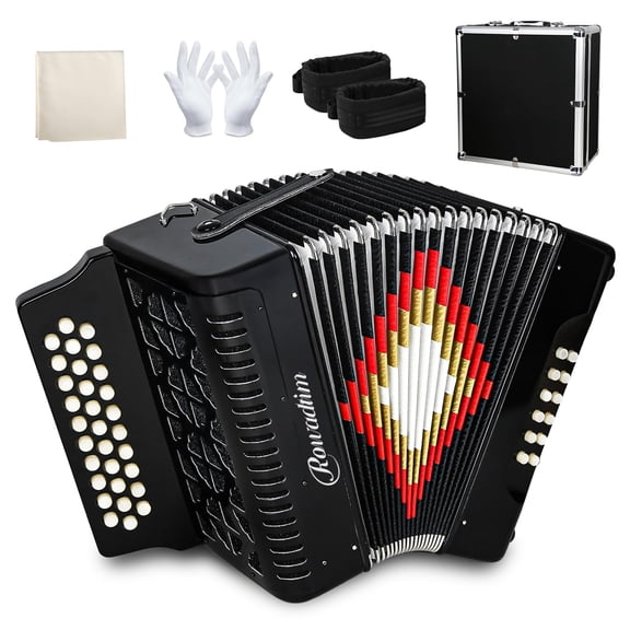 Rowadtim 31-Key Accordions, 12-Bass Diatonic Accordion, Ideal for Beginners; Tuned to F/B/E, Perfect for Musicians and Teachers; Comes with a Carrying Case, Shoulder Strap, GlovesBlack
