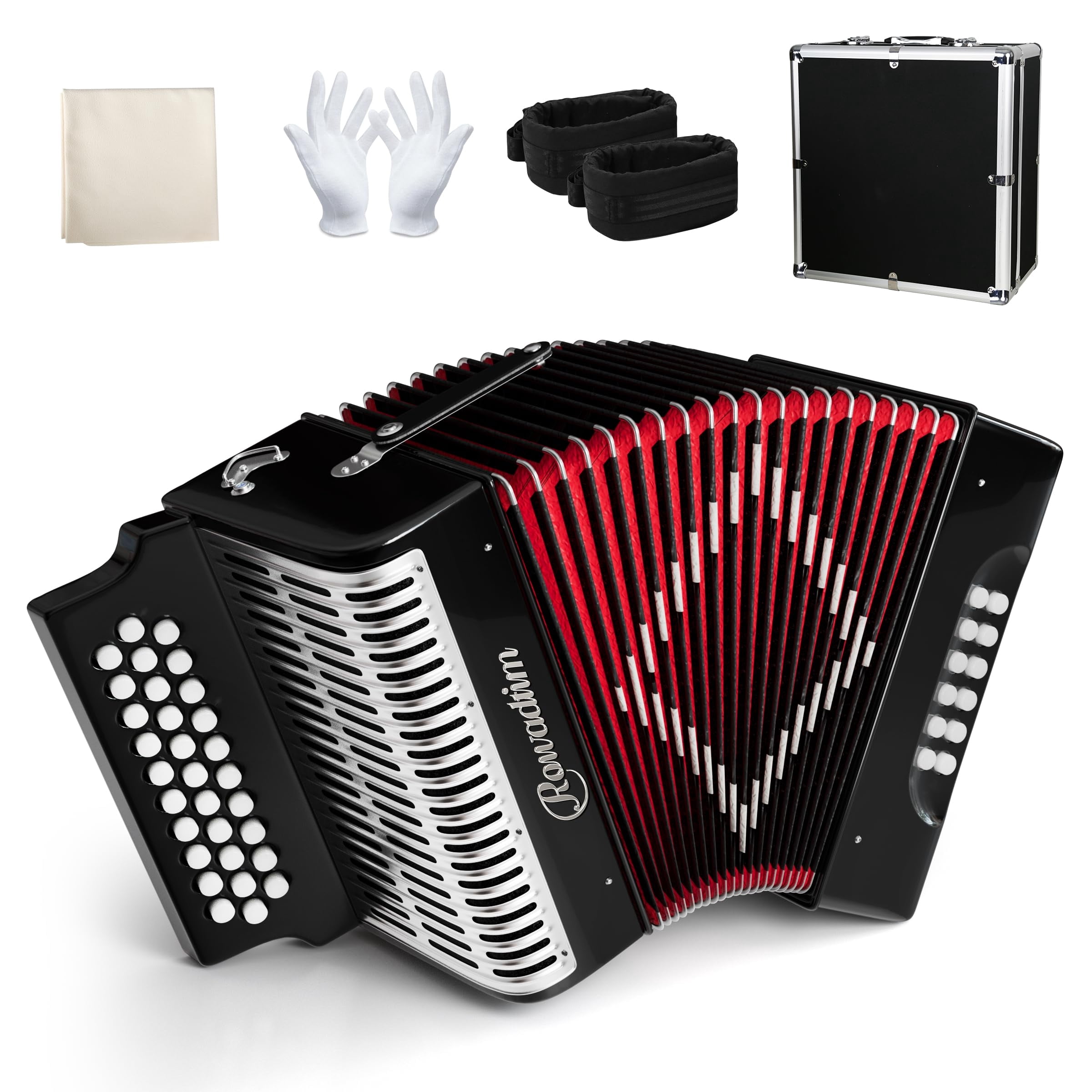 Rowadtim 31 Key Diatonic Accordions, 12 Bass Buttons (G/C/F Tuning) Suitable for Beginners, Adults, Performances and Teachers; Comes with  Case, Adjustable Strap, Gloves and Polishing Cloth (Black)