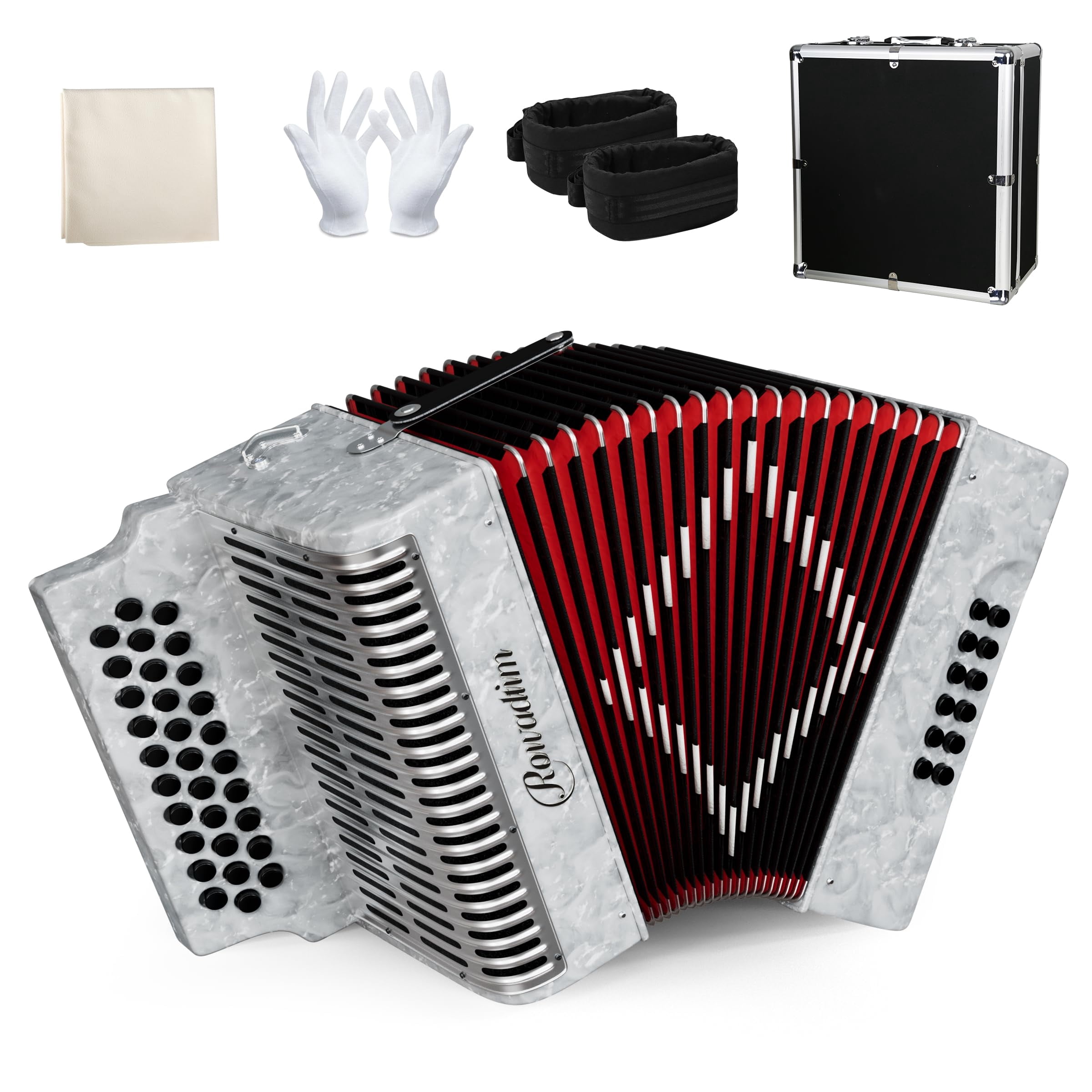 Rowadtim 31 Key Diatonic Accordions, 12 Bass Buttons (G/C/F Tuning) Suitable for Beginners, Adults, Performances and Teachers; Comes with  Case, Adjustable Strap, Gloves and Polishing Cloth (Gray)