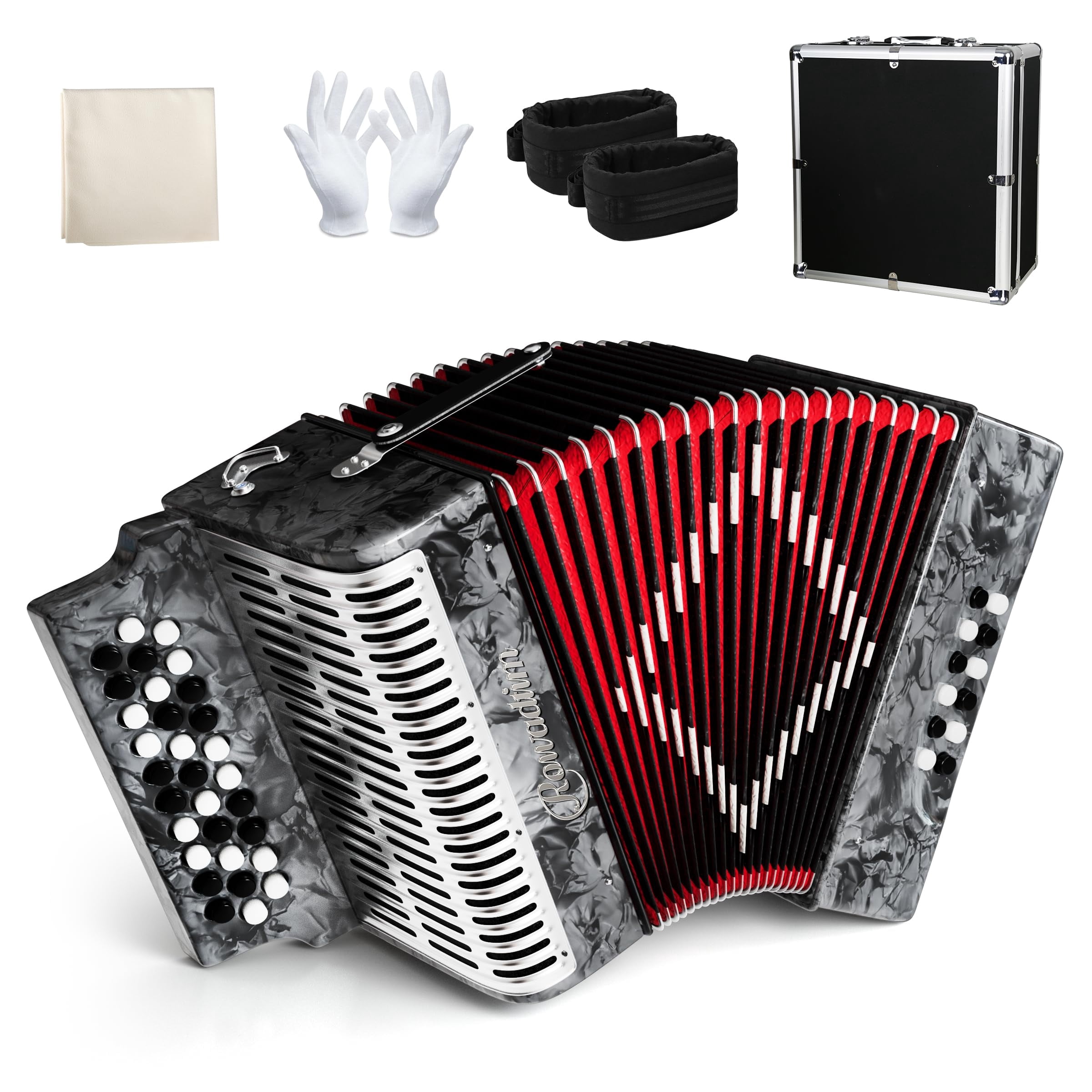 Rowadtim 31 Key Diatonic Accordions, 12 Bass Buttons (G/C/F Tuning) Suitable for Beginners, Adults, Performances and Teachers; Comes with  Case, Adjustable Strap, Gloves and Polishing Cloth (Gray)