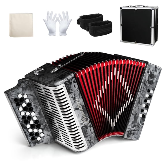 Rowadtim 31 Key Diatonic Accordions, 12 Bass Buttons (G/C/F Tuning) Suitable for Beginners, Adults, Performances and Teachers; Comes with Case, Adjustable Strap, Gloves and Polishing Cloth (Gray)